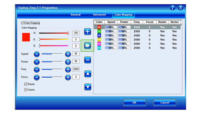 Once settings have been selected, press the right arrow button to save the color. The right arrow button in the Color Mapping tab.